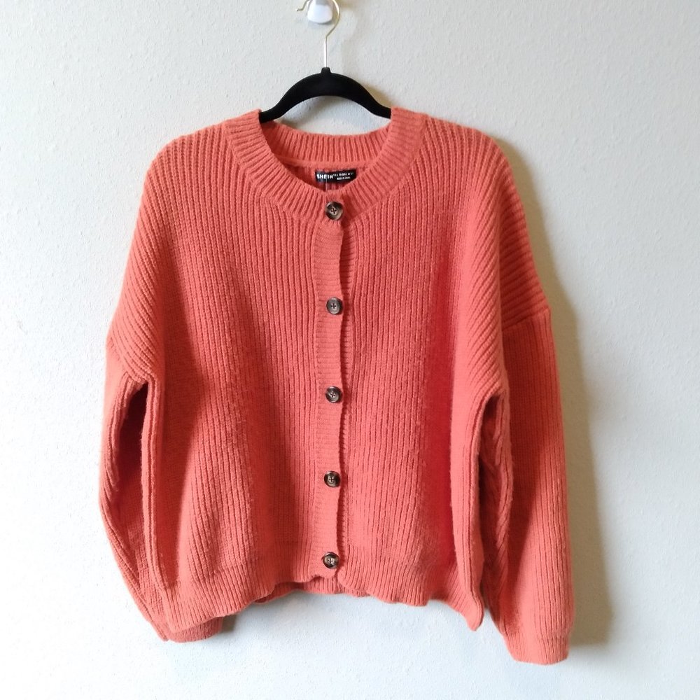 SHEIN Women's Knit Long Sleeve Button Front Cardigan Sweater Burnt Orange Size L